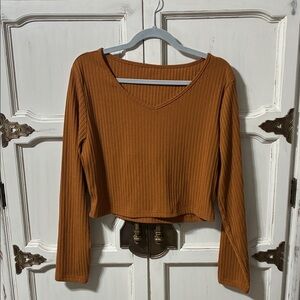SHEIN Rust Ribbed V-Neck Crop Top